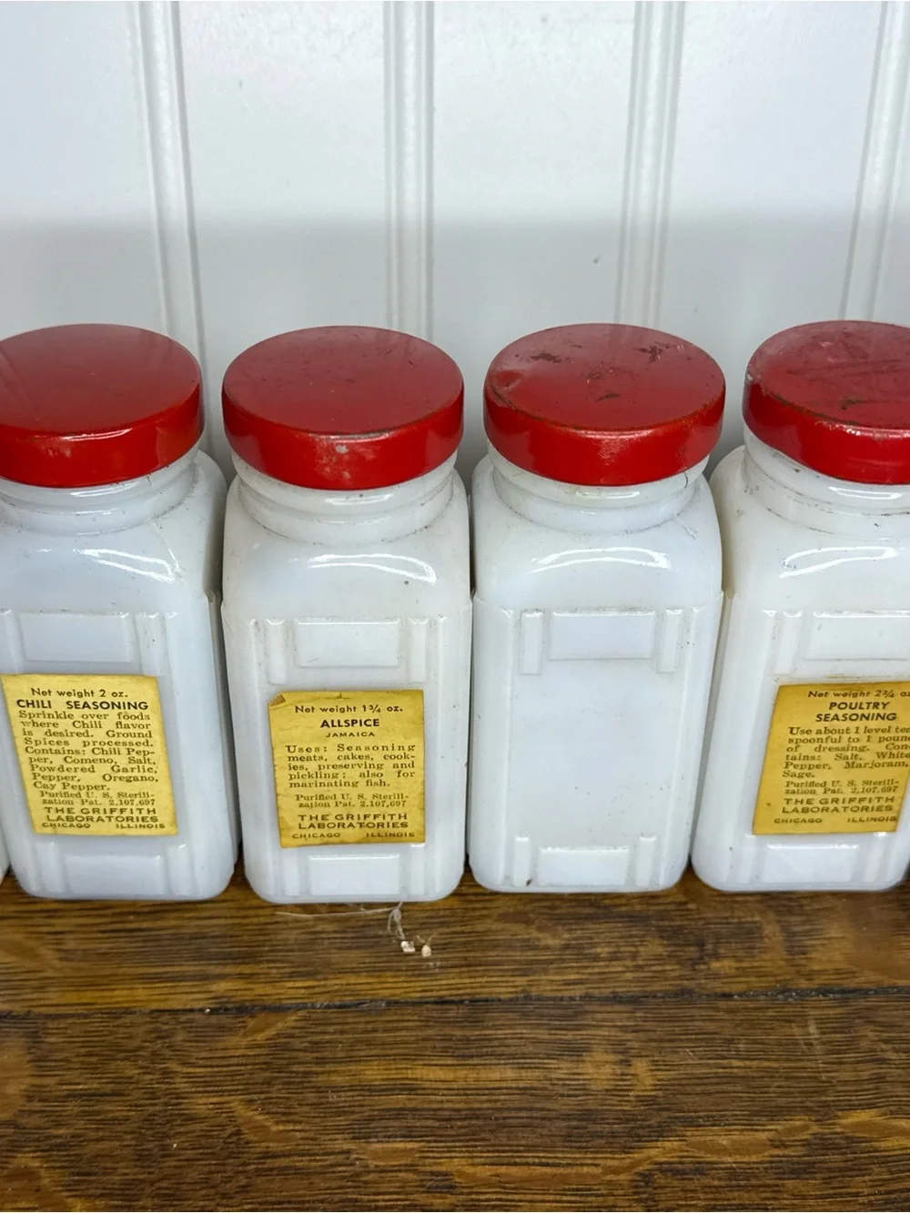 Vintage 1940s Griffith's Milk Glass Jars Spice Rack Set of 6 w/ original metal r